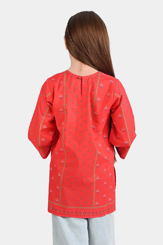 Girls Cotton Poplin Printed Kurti Rose-RED