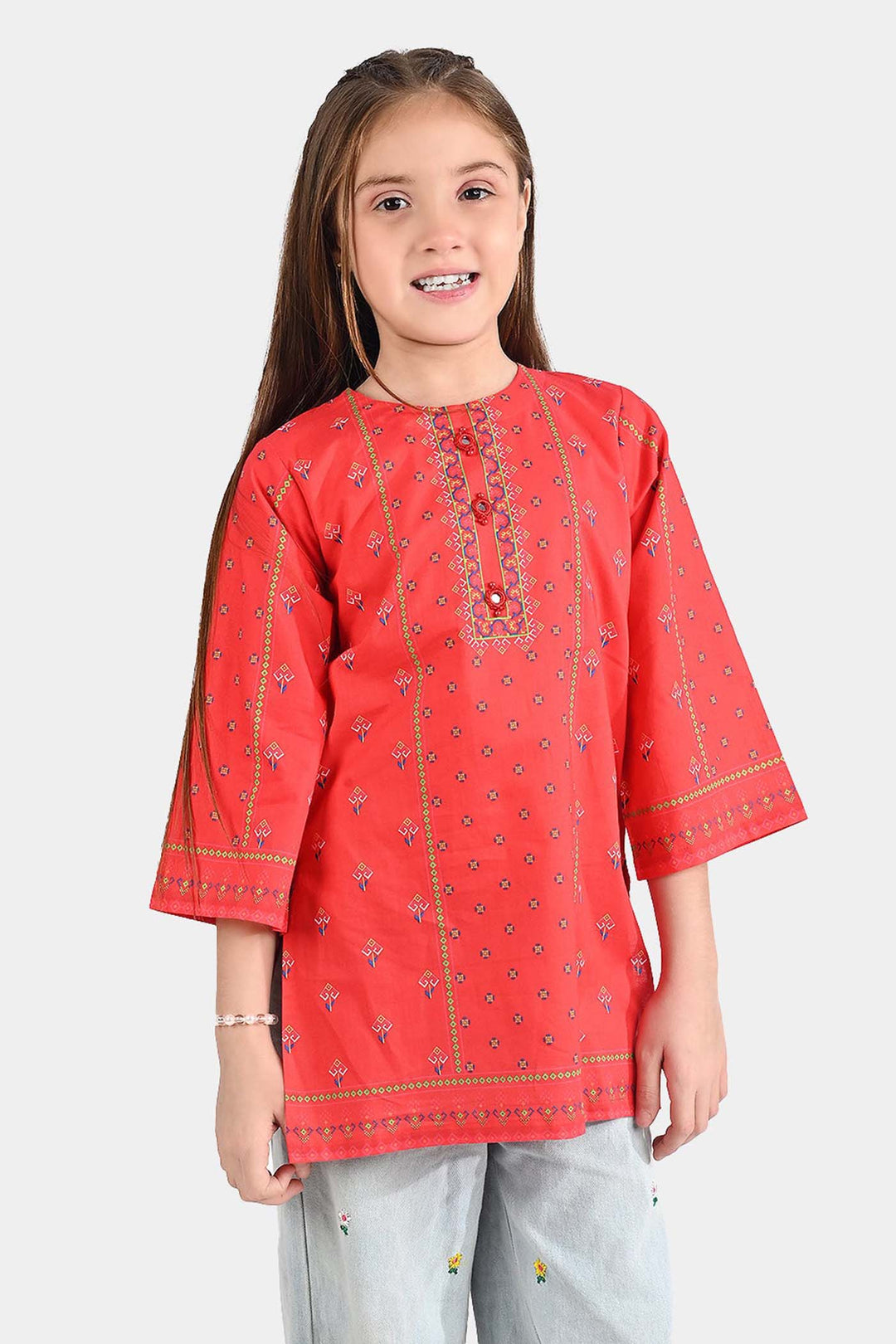 Girls Cotton Poplin Printed Kurti Rose-RED