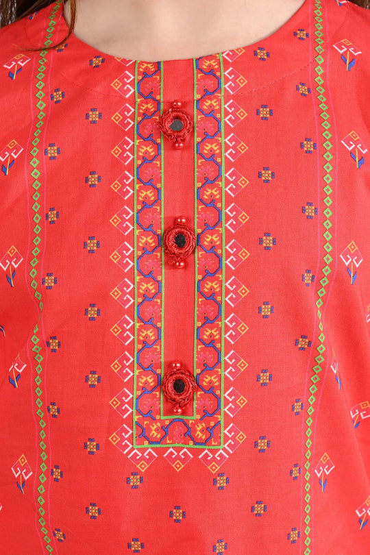 Girls Cotton Poplin Printed Kurti Rose-RED