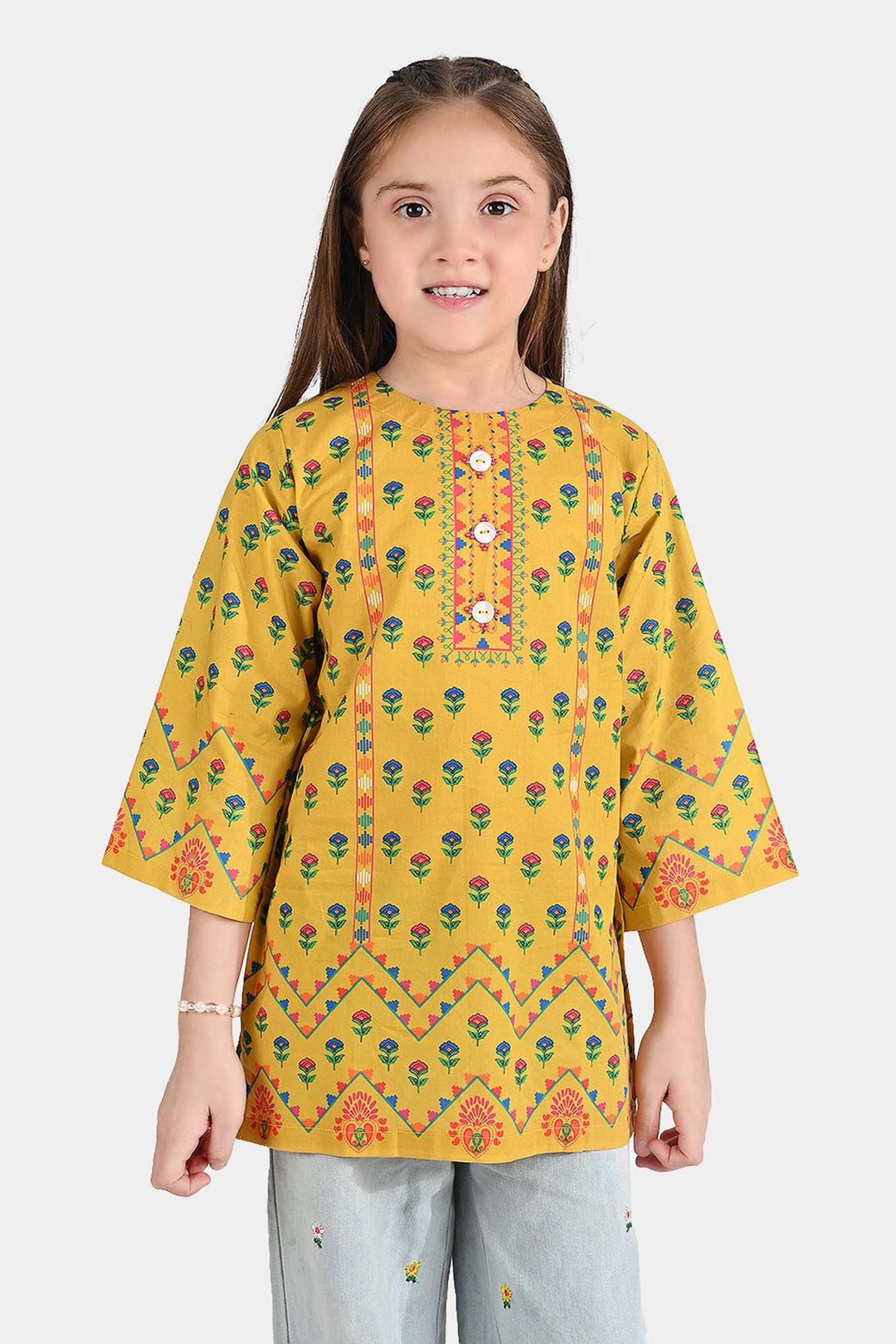 Girls Cotton Poplin Printed Kurti Ocher-Mustard