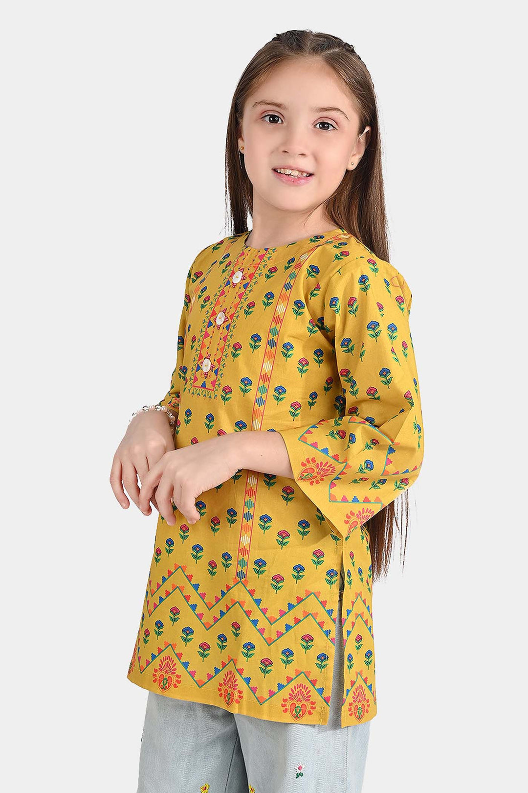 Girls Cotton Poplin Printed Kurti Ocher-Mustard