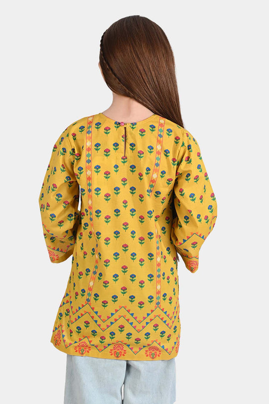 Girls Cotton Poplin Printed Kurti Ocher-Mustard