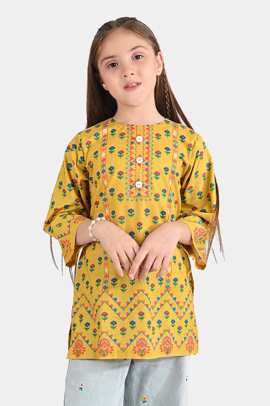 Girls Cotton Poplin Printed Kurti Ocher-Mustard