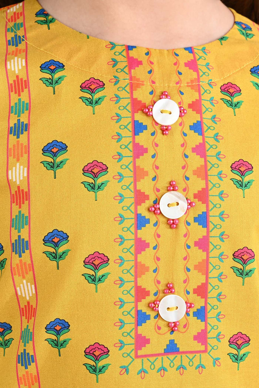 Girls Cotton Poplin Printed Kurti Ocher-Mustard