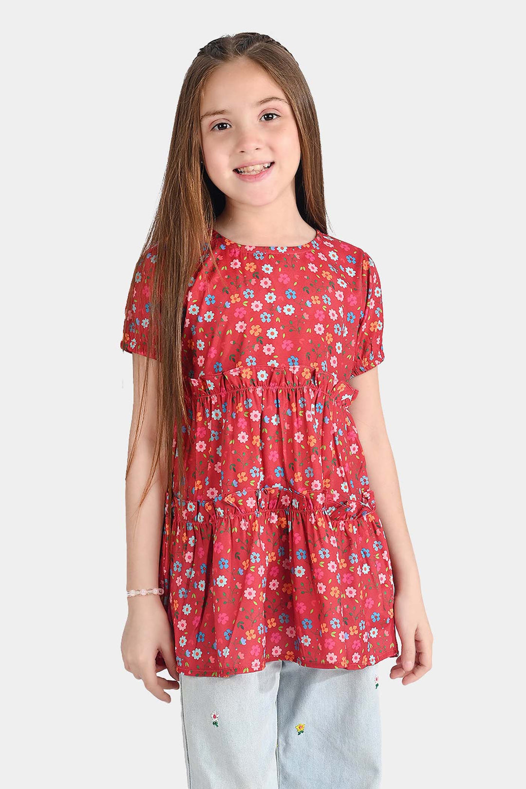 Girls Raw Silk Casual Frock Red Ruffle-Multi