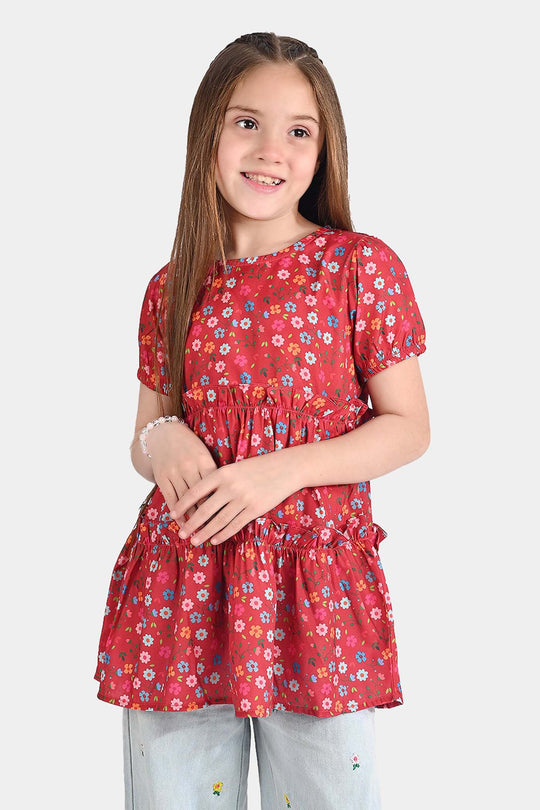 Girls Raw Silk Casual Frock Red Ruffle-Multi
