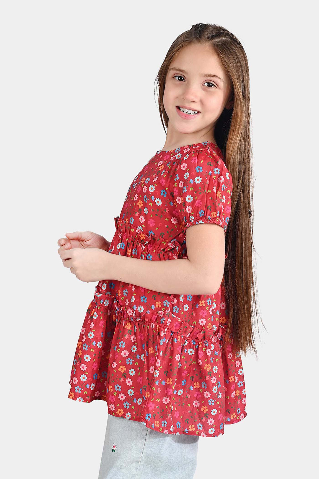 Girls Raw Silk Casual Frock Red Ruffle-Multi