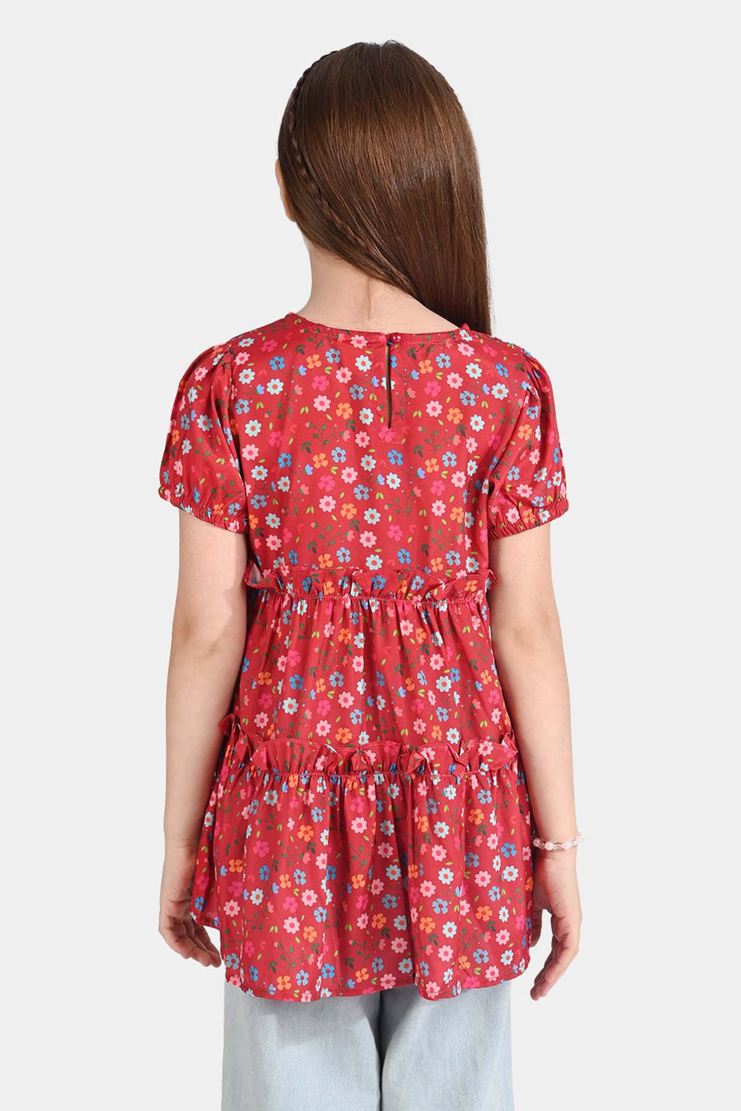 Girls Raw Silk Casual Frock Red Ruffle-Multi