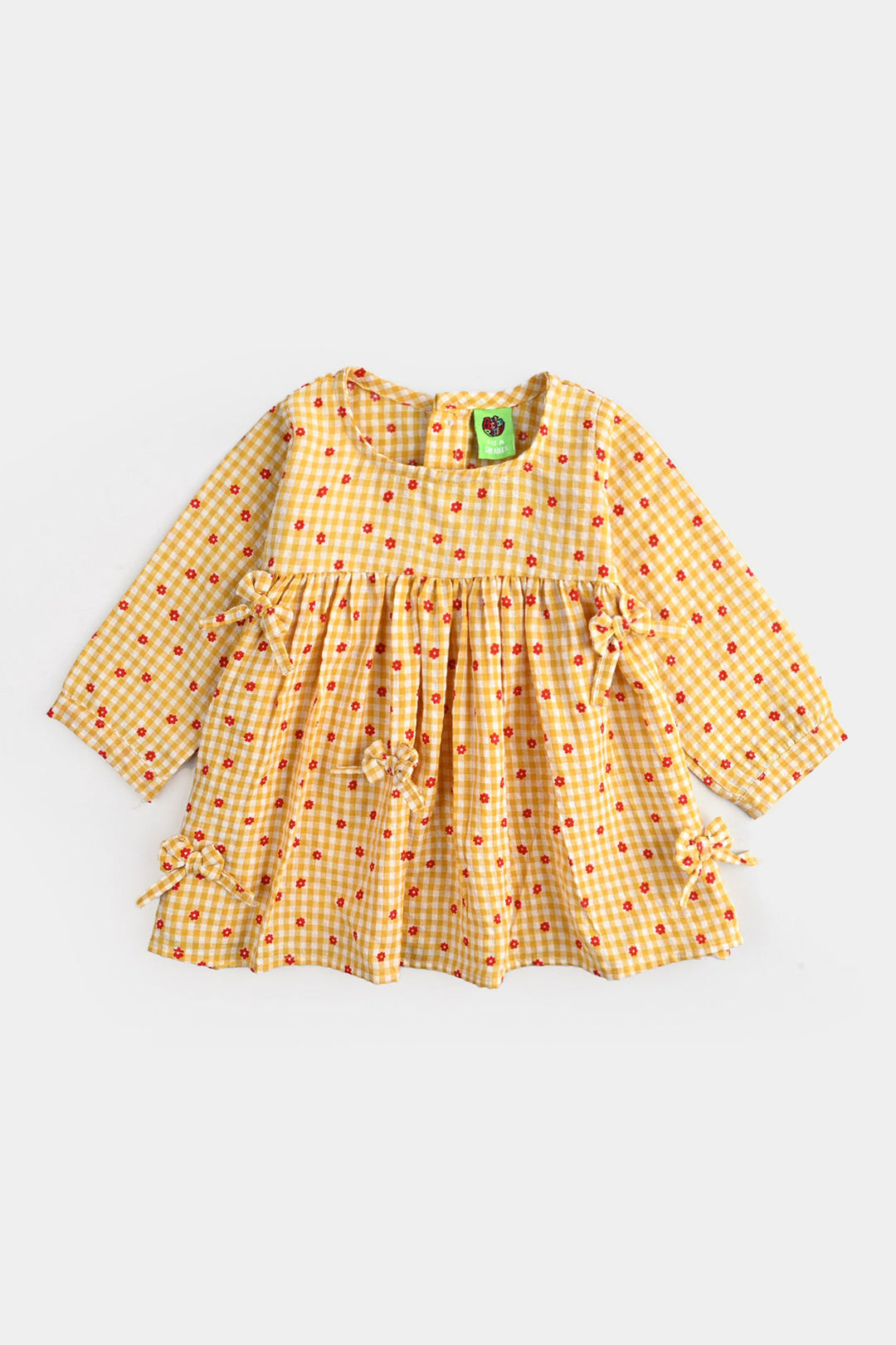 Infant Girls Cotton Casual Frock Yellow Checks-Mustard