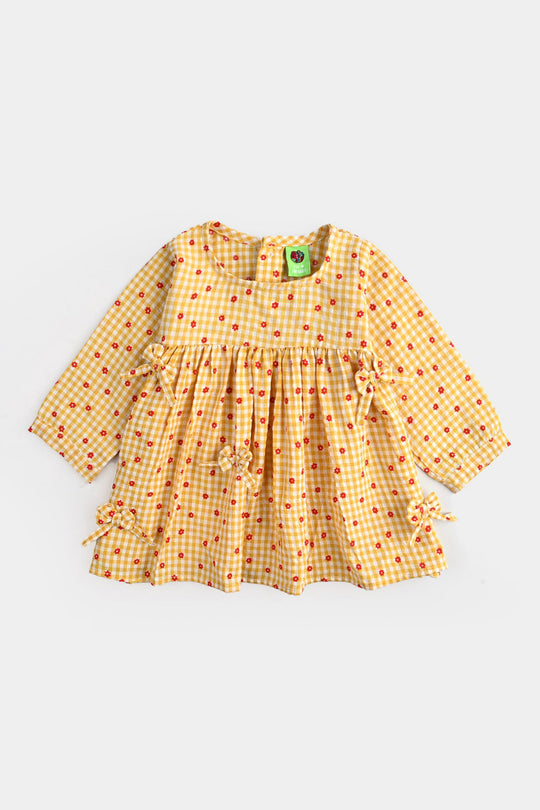 Infant Girls Cotton Casual Frock Yellow Checks-Mustard