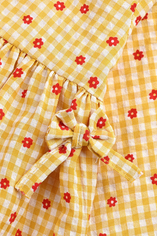 Infant Girls Cotton Casual Frock Yellow Checks-Mustard