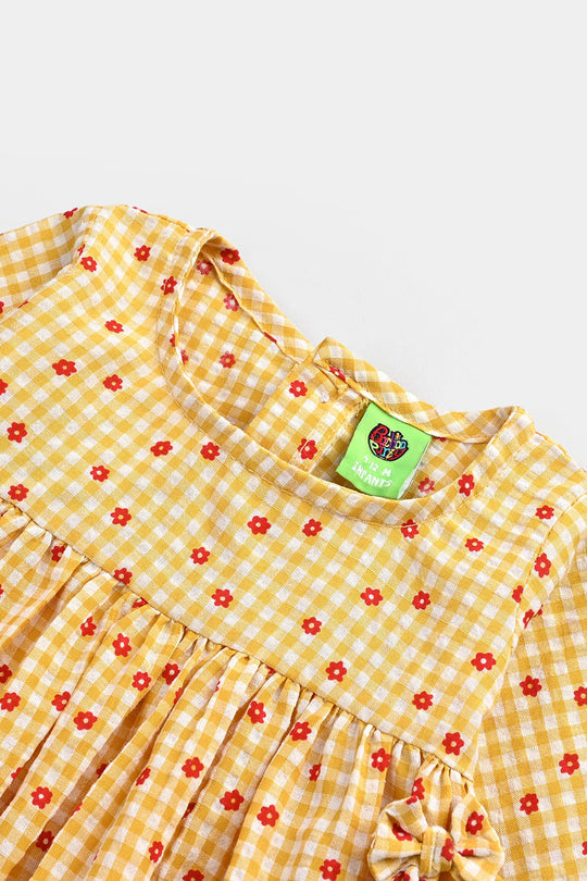 Infant Girls Cotton Casual Frock Yellow Checks-Mustard