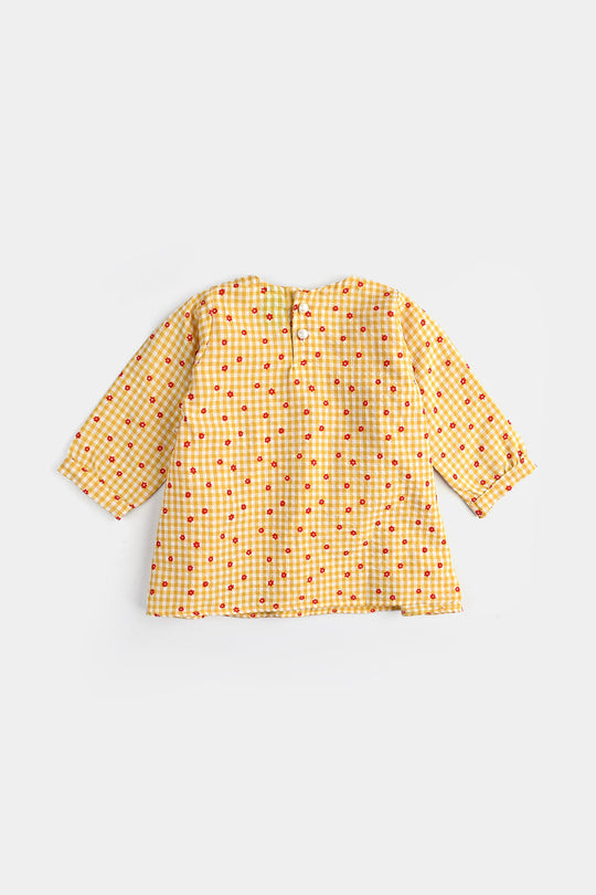 Infant Girls Cotton Casual Frock Yellow Checks-Mustard