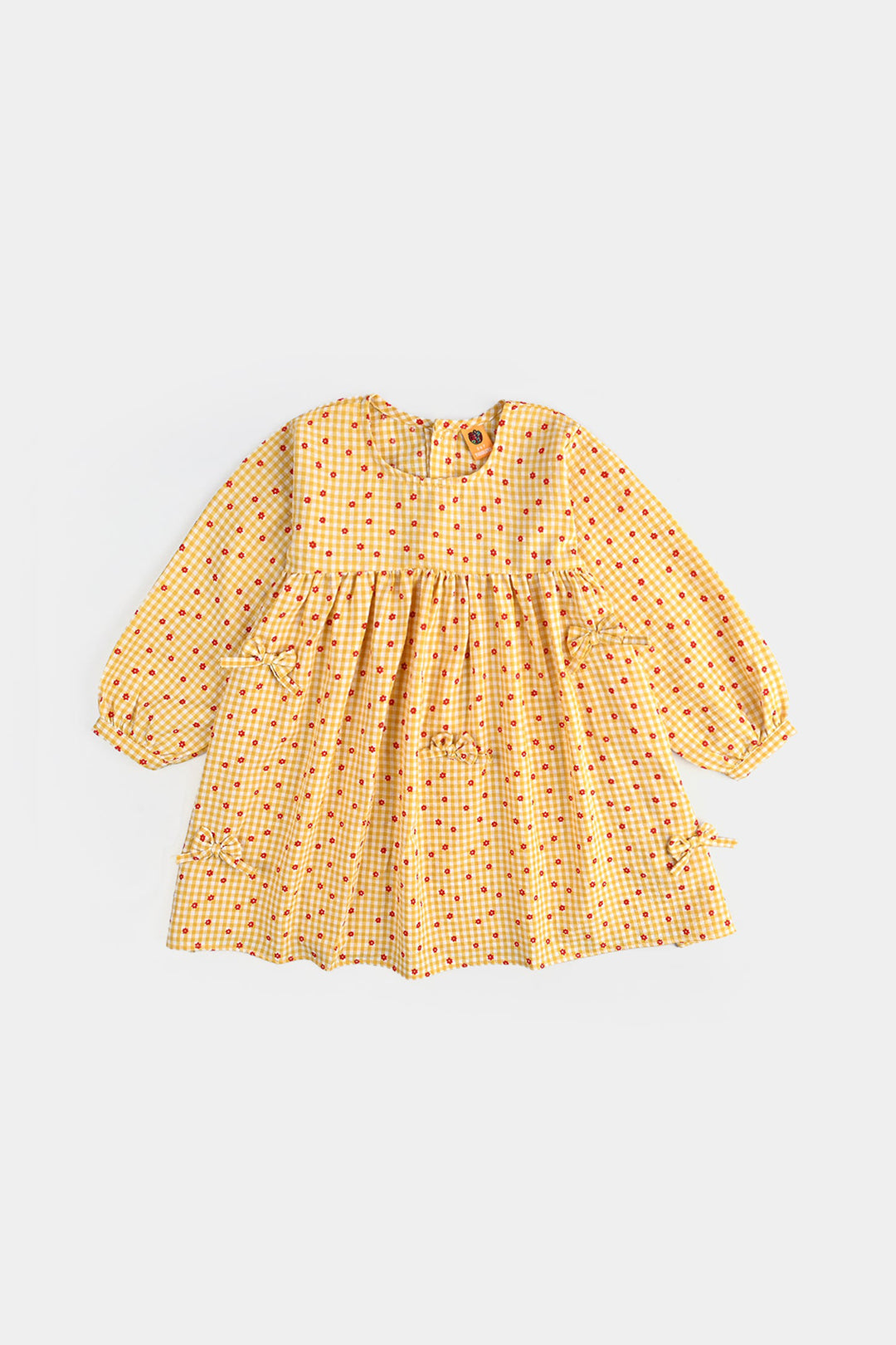 Girls Cotton Casual Frock Yellow Checks-Mustard
