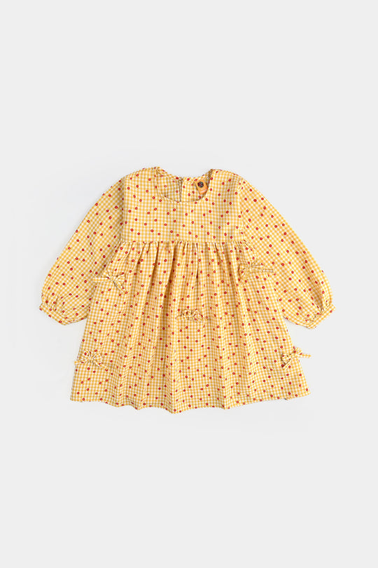 Girls Cotton Casual Frock Yellow Checks-Mustard