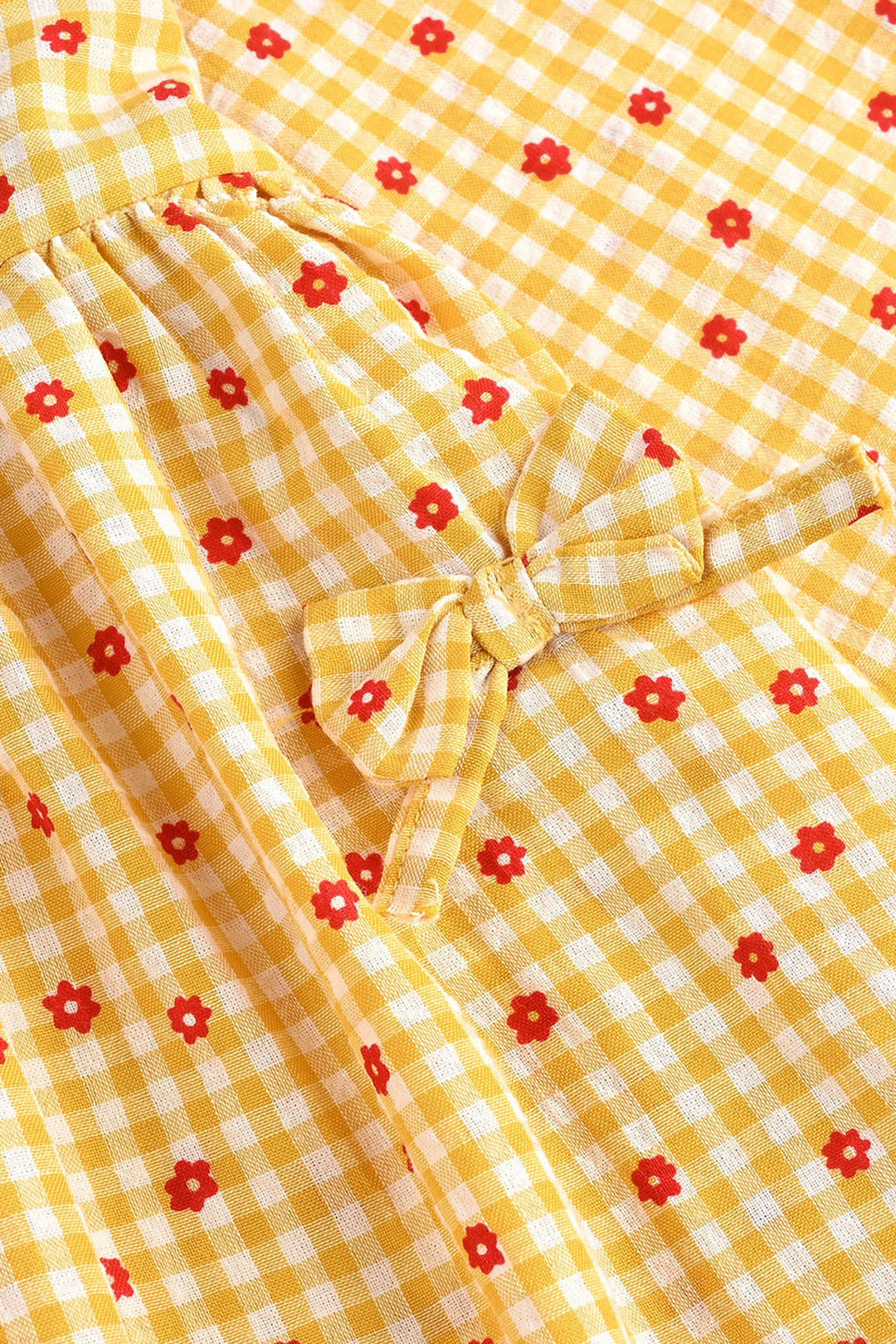 Girls Cotton Casual Frock Yellow Checks-Mustard