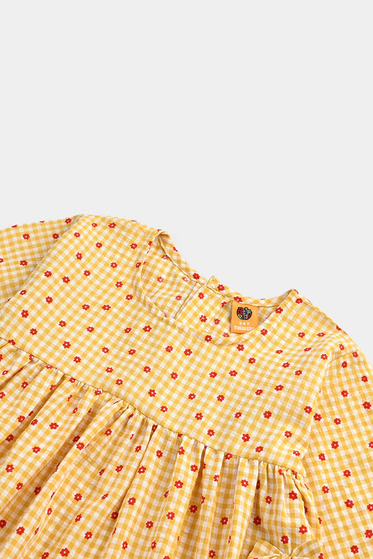 Girls Cotton Casual Frock Yellow Checks-Mustard