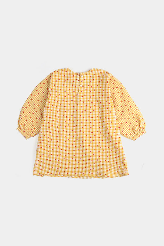 Girls Cotton Casual Frock Yellow Checks-Mustard