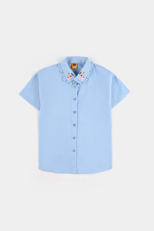 Girls Poly Crinkle Emb Co-Ord Set Frill Collor - Blue