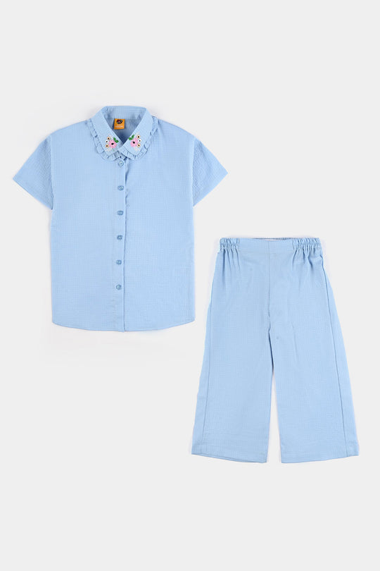 Girls Poly Crinkle Emb Co-Ord Set Frill Collor - Blue
