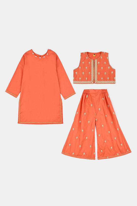 Girls Cotton Poplin Emb 3 Pcs Noir - ORANGE