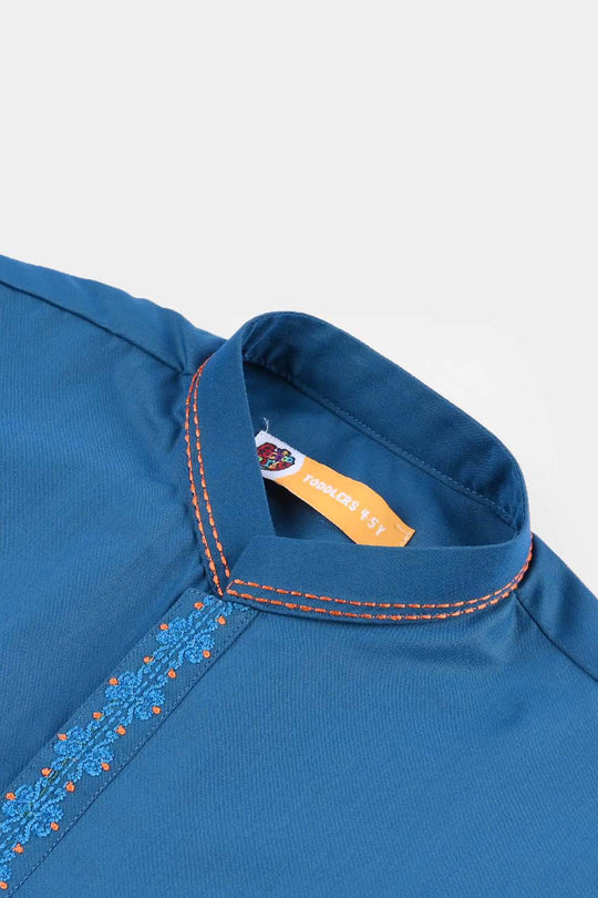 Boys Poly Viscose Embroidered Kurta (Funky)-T.Blue