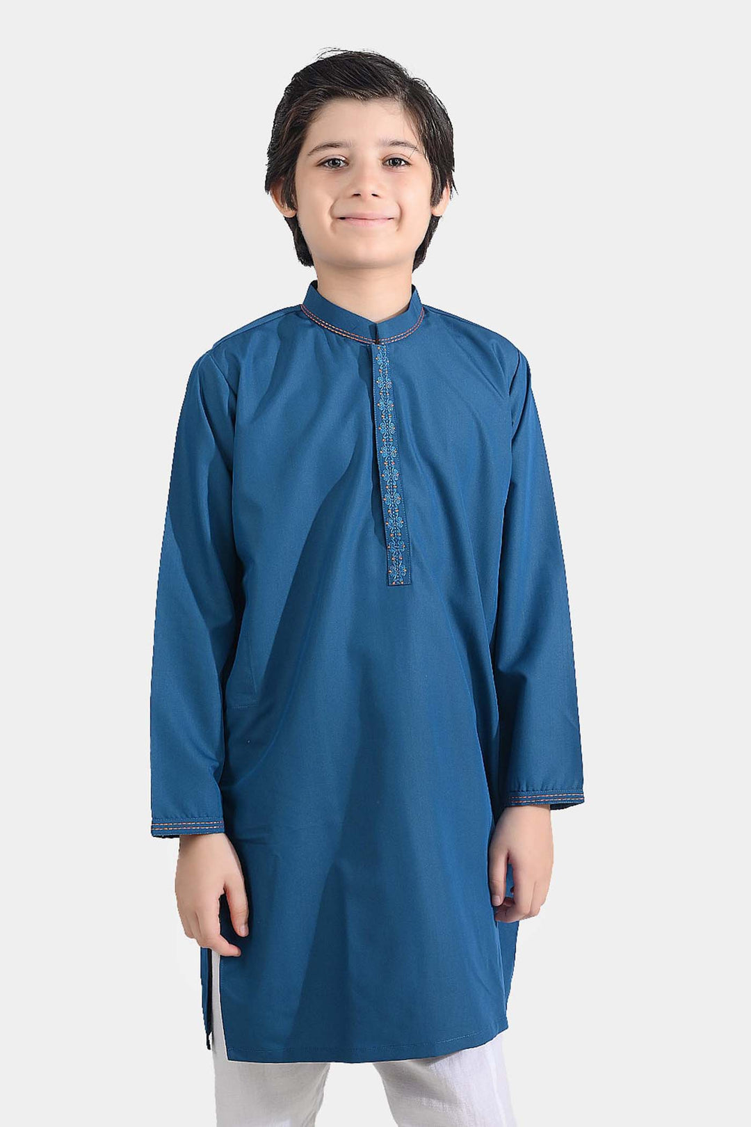 Boys Poly Viscose Embroidered Kurta (Funky)-T.Blue