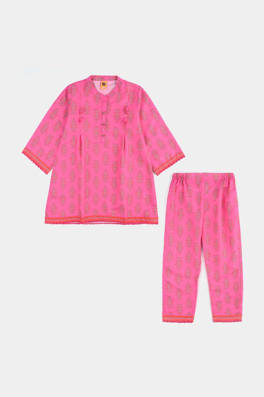Girls Poly Cambric Printed 2 Pcs Bliss-Pink