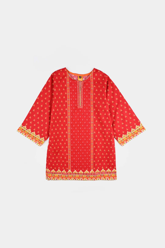 Girls Cotton Poplin Printed Kurti Rose-RED
