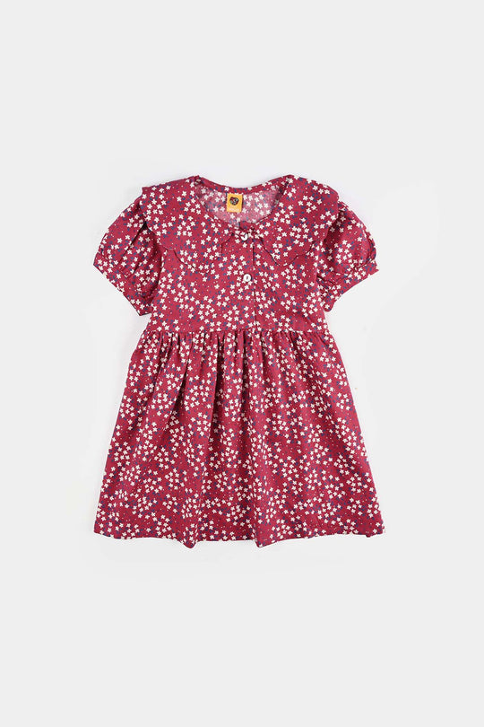 Girls Cotton Poplin Casual Frock Red Floral-Multi