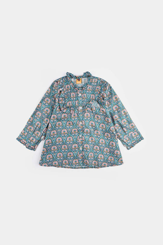 Girls Cotton Poplin Casual Top Teal-Multi