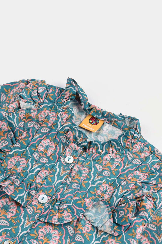 Girls Cotton Poplin Casual Top Teal-Multi