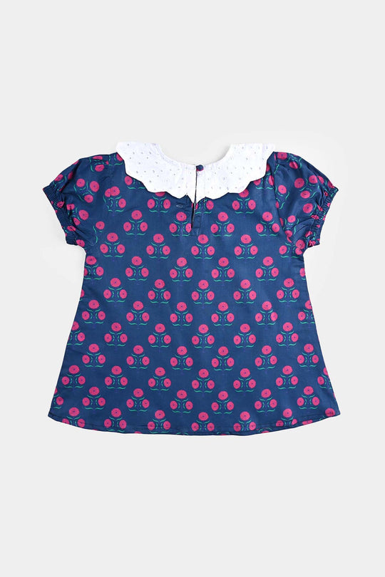 Girls Cotton Poplin Casual Top Ink Pink-Blue