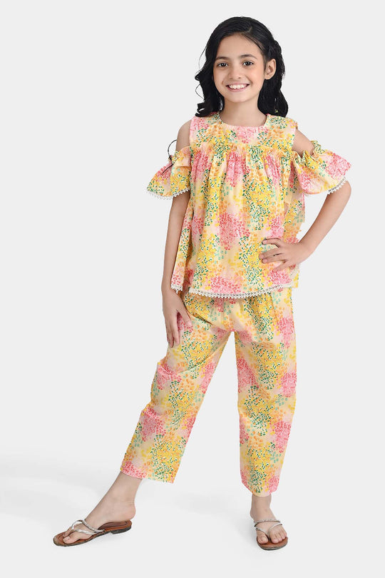 Girls Cotton Poplin Co-Ord Set Water Color-YELLOW