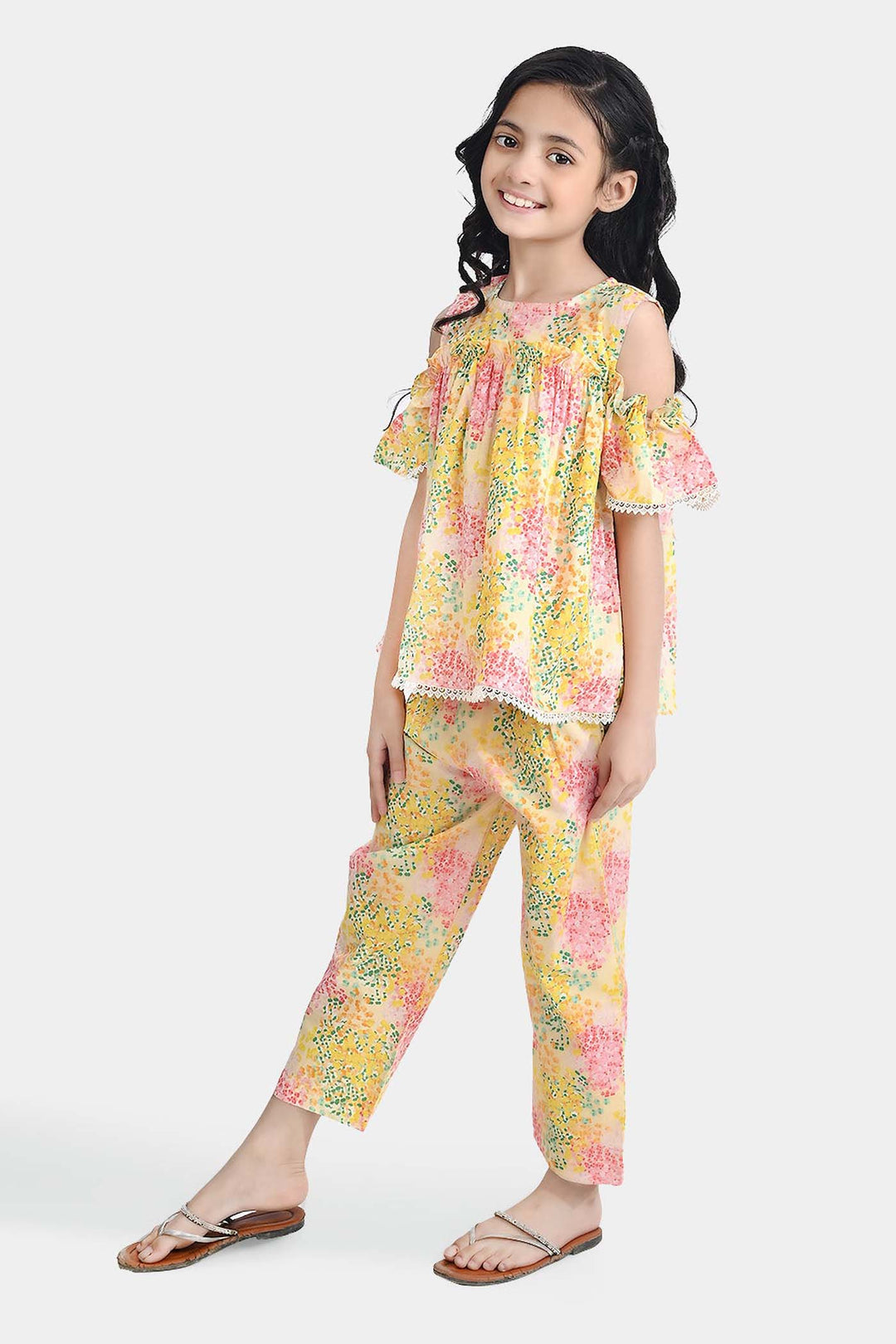 Girls Cotton Poplin Co-Ord Set Water Color-YELLOW