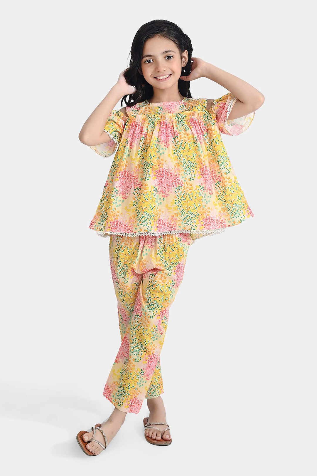 Girls Cotton Poplin Co-Ord Set Water Color-YELLOW