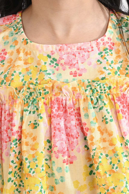 Girls Cotton Poplin Co-Ord Set Water Color-YELLOW