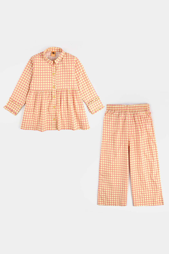 Girls Cotton Poplin Co-Ord Set Checks-YELLOW