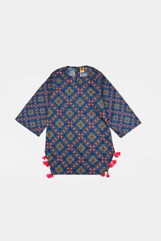 Girls Cotton Poplin Printed Kurti Tribal-Multi