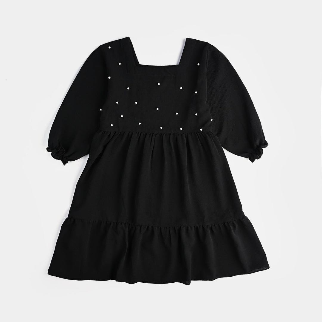 Girls Poly Mesh Casual Frock Monochrome-BLACK