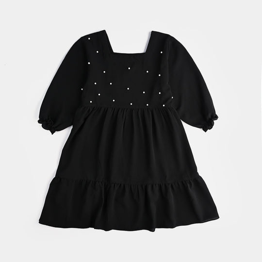 Girls Poly Mesh Casual Frock Monochrome-BLACK