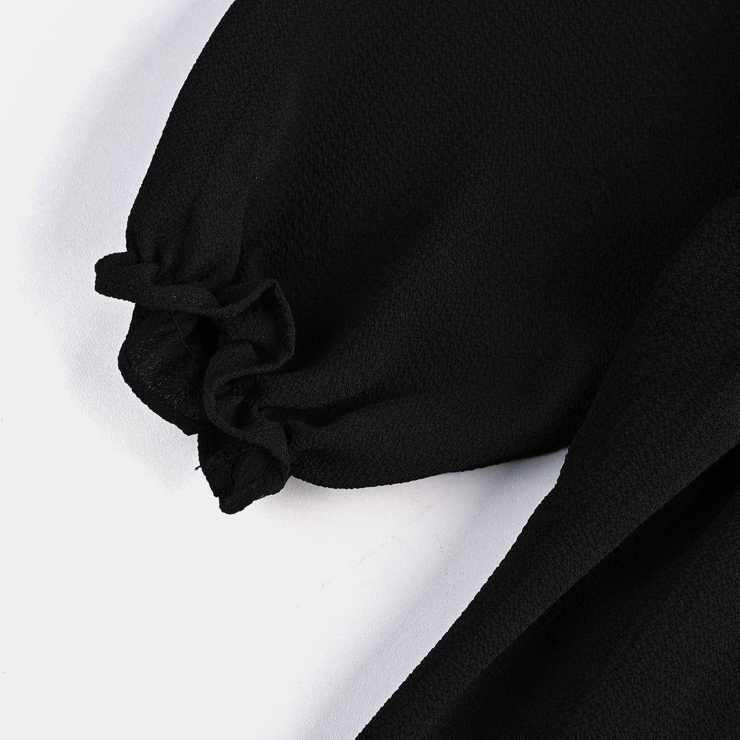 Girls Poly Mesh Casual Frock Monochrome-BLACK