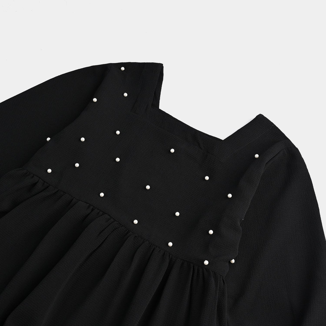 Girls Poly Mesh Casual Frock Monochrome-BLACK