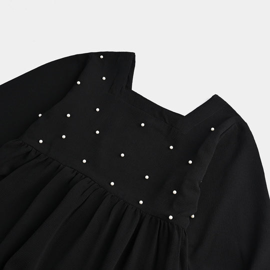 Girls Poly Mesh Casual Frock Monochrome-BLACK