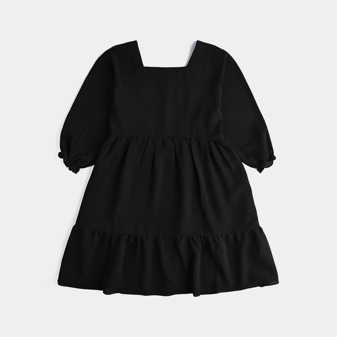 Girls Poly Mesh Casual Frock Monochrome-BLACK