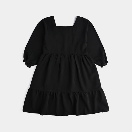 Girls Poly Mesh Casual Frock Monochrome-BLACK