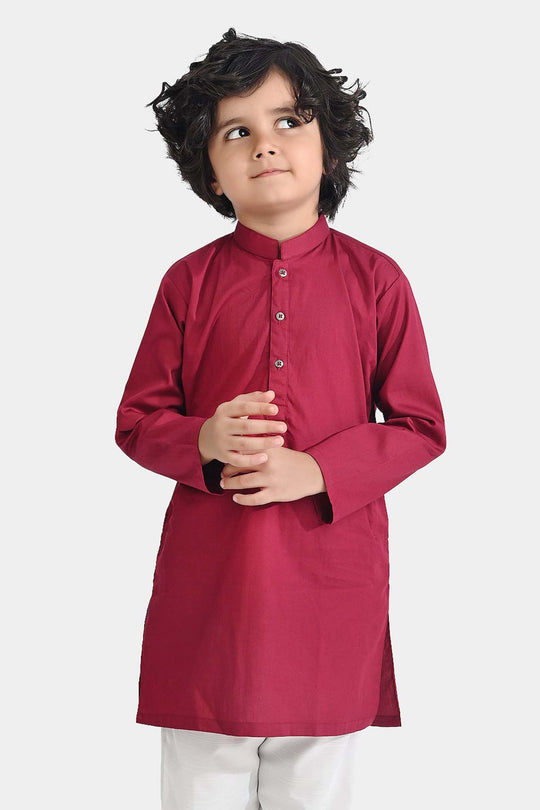 Boys Cotton Poplin Basic Kurta (Beet Red)-Red