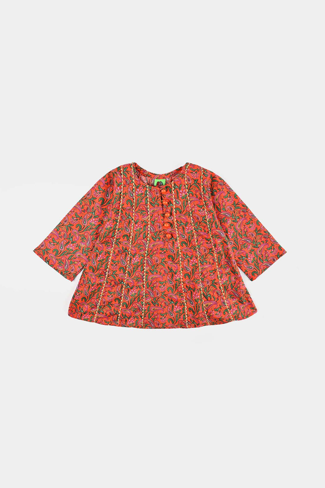 Infant Girls Cotton Poplin Printed Kurti Paisley-ORANGE