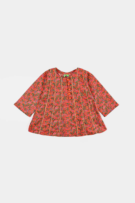 Infant Girls Cotton Poplin Printed Kurti Paisley-ORANGE