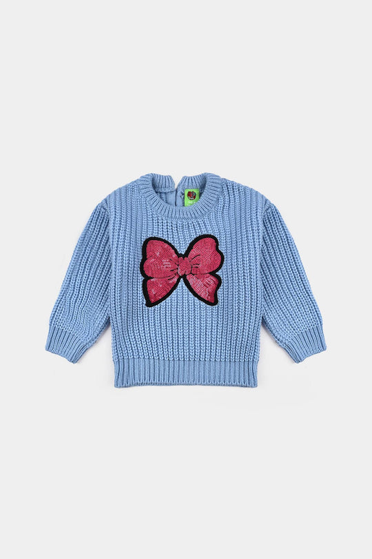 Infant Girls Acrylic Sweater-Sequence BOW-L.Blue